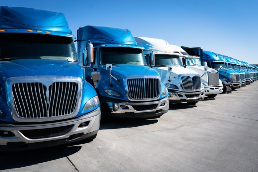 A photo of a row of blue big trucks.