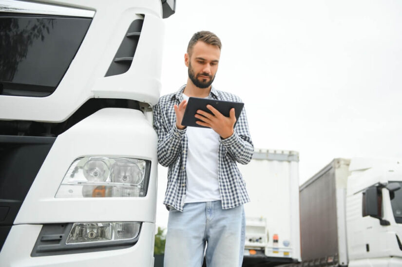 A photo of a man standing outside a big truck working on a tablet.