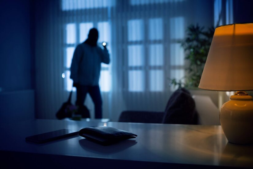 Burglar or intruder inside a home or office with flashlight