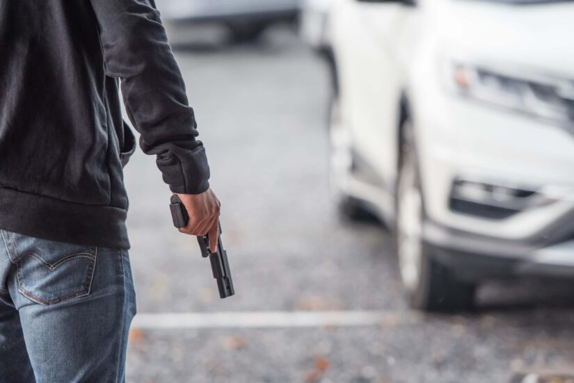 Rear view of a man holding a gun in a truck park.